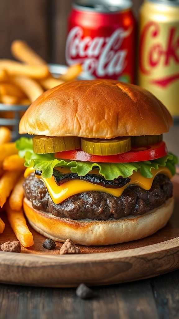A classic 80s hamburger with cheese, lettuce, tomato, and pickles on a plate with fries.